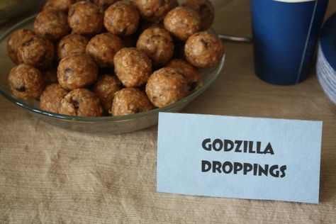 yummy no-bake cookies rolled into little droppings Godzilla Themed Food, Godzilla Birthday Party Food, Birthday Party Food Ideas, Godzilla Party, Godzilla Birthday Party, Godzilla Movie, Godzilla Birthday, 8 Birthday, Themed Dinner