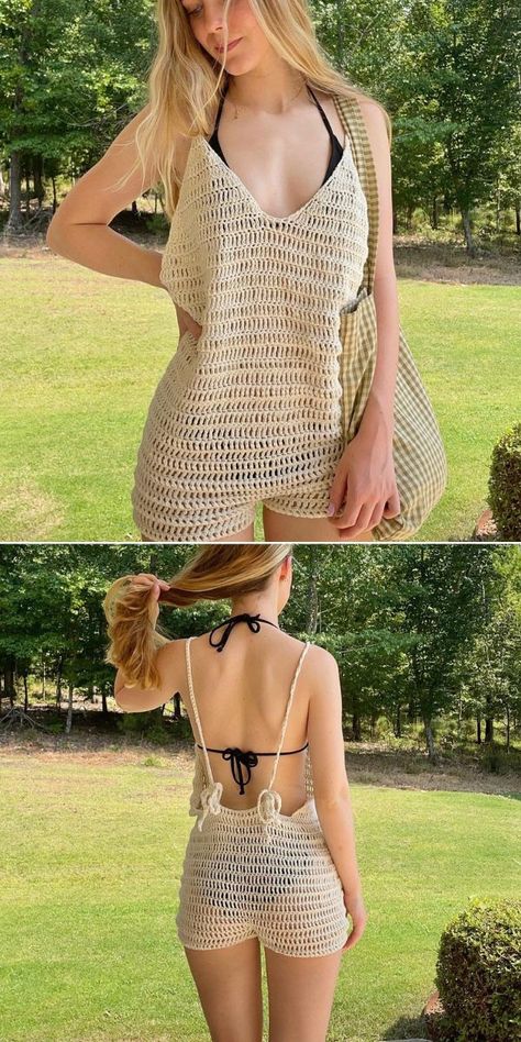 Crochet Outfits For Summer, Crochet Body Suit Pattern Free, Crochet Swimsuits Pattern Free, Crochet Romper Free Pattern Women, Crochet Patterns Free Clothing, Jumpsuit Crochet Pattern, Crochet Two Piece Outfit Pattern, Free Dress Crochet Patterns, Free Crochet Summer Dress Patterns