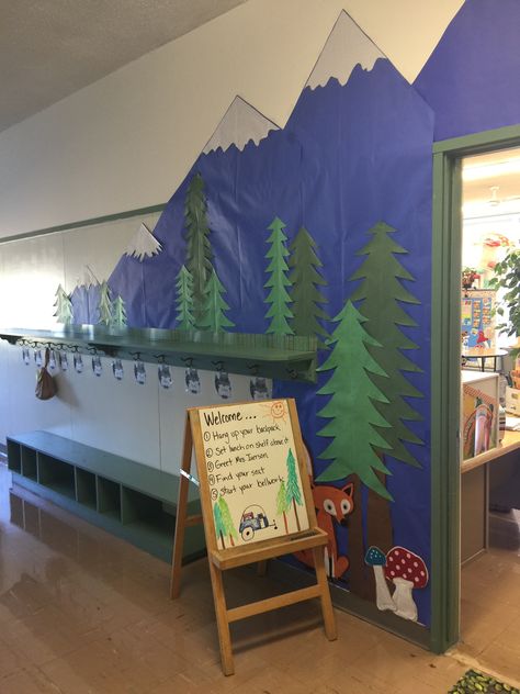 Diy Wilderness Decor, Camp Theme School Hallway, Outdoors Themed Classroom, Tent In Classroom, Camping Theme School Hallway, Lake Classroom Theme, Nature Classroom Door, Camping Library Theme, Camping Library Display