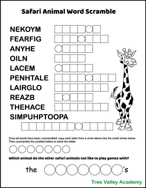 A free printable African safari animals word scramble. The puzzle has 10 jumbled words of common animals found in Africa, such as elephant, giraffe, zebra, etc. After unscrambling the animal words, the answer to a funny kid's riddle will be revealed. The difficulty level is probably best suited for kids 4th grade and older. The pdf is free to download and includes an answer sheet. Jumbled Words With Answers, African Safari Animals, Word Puzzles For Kids, Kindergarten Addition, Jumbled Words, Safari Game, Safari Activities, Jungle Cats, Unscramble Words