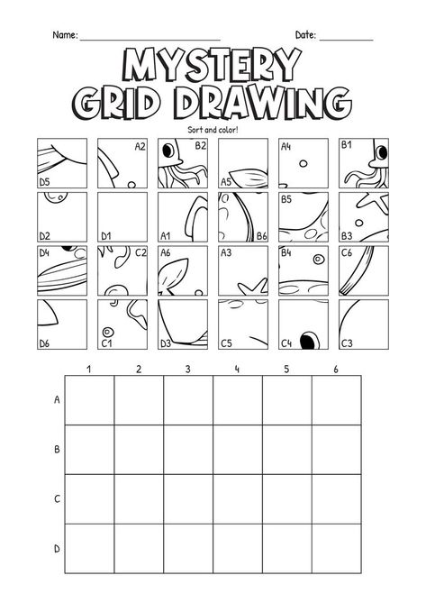 Middle School Fine Motor Activities, Hidden Picture Printable, Fun Worksheets For Middle School, Elementary Art Worksheets, Mystery Grid Drawing, Trin For Trin Tegning, Drawing Worksheets, Art Sub Lessons, Grid Drawing