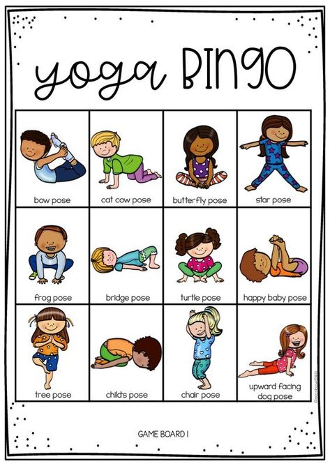 This is a fun activity you can do all together at home. Throw a counter or a dice and perform which ever yoga pose it lands on. Brain Breaks, Comics, Yoga, Yoga Poses, Bingo, Brain