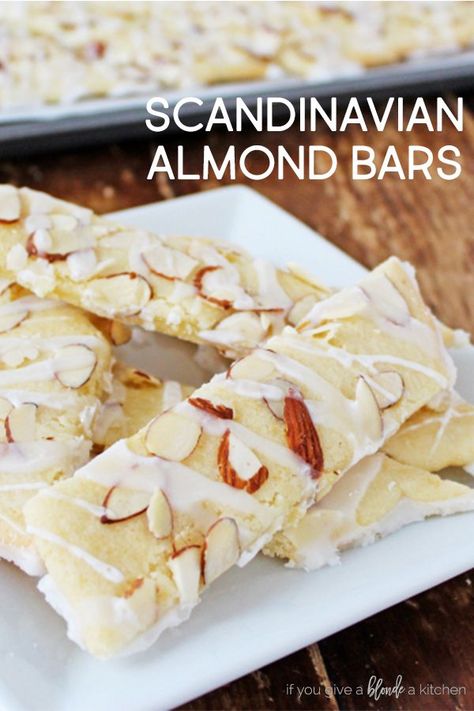 Scandinavian almond bars are easy to make in large batches for the holidays. Make them as Christmas gifts and share with friends! | www.ifyougiveablondeakitchen.com via @haleydwilliams Almond Desserts, Almond Bars, Norwegian Food, Almond Extract, Scandinavian Food, Swedish Recipes, Almond Cookies, Cookie Bar Recipes, Yummy Sweets