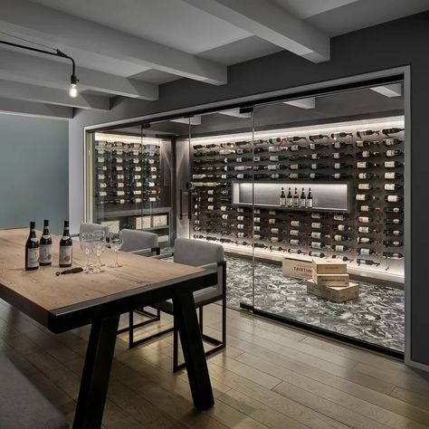 Wine Cellar Wall Dining Room, Basement Wet Bar Ideas, Wine Cellar Wall, Contemporary Wine Cellar, Wine Room Design, Wine Cellar Basement, Glass Wine Cellar, Wine Rooms, Wine Boutique