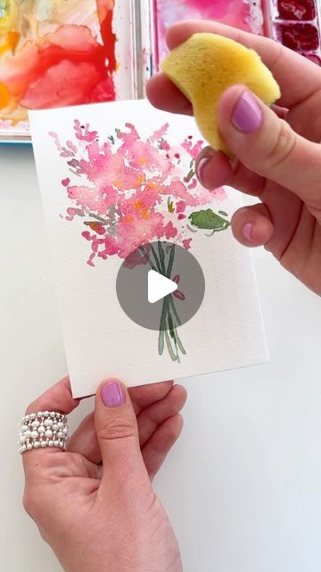 Watercolour Painting Easy Simple, Colorful Art Watercolor, Watercolor Art Flowers Tutorials, Easy Flowers Watercolor, Waterpaint Flowers Simple, Birthday Card Painting Watercolors, Watercolor Cards Thank You, Watercolor Wedding Cards Diy, Easy Watercolour Card Ideas