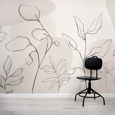 Dusty Botany Beige Neutral Botanical Floral Wallpaper Mural Large Leaf Wall Mural, Female Bedroom Wallpaper, Elegant Mural Wall, Simple Line Wall Mural, Botanical Wall Mural Painting, Subtle Mural Wall, Modern Wall Mural Ideas, Line Art Mural Ideas, Wallpaper Focus Wall