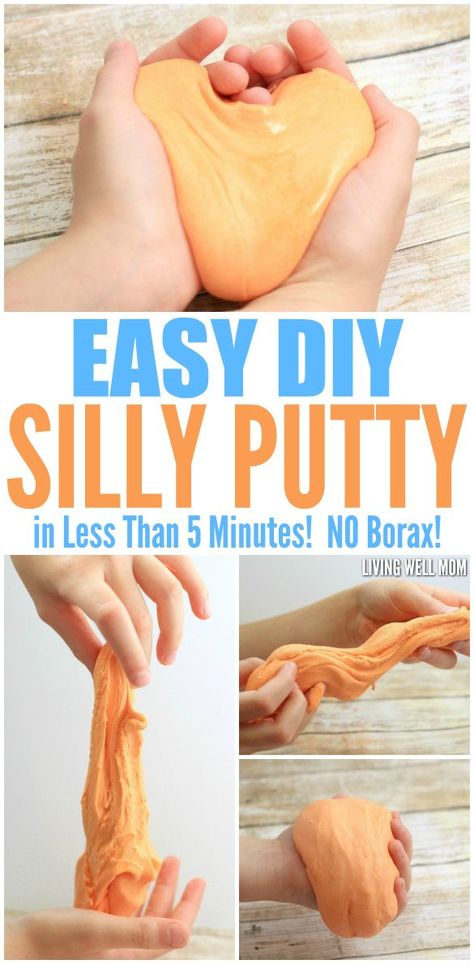 Looking for a fun activity that will keep your kids busy for hours? This DIY Silly Putty recipe takes less than 5 minutes to make and kids LOVE squeezing, pulling, stretching, and playing with their very own putty! Plus it only requires 2 common household ingredients (NO borax) and is so so EASY to make! Diy Slime For Kids, How To Make Putty, Silly Putty Recipe, Diy Silly Putty, Putty Recipe, Slime Without Borax, Slime For Kids, Silly Putty, Diy Slime