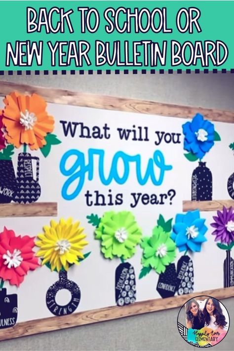 We LOVE this new bulletin board for the New Year!! Lots of options on how you can set this up and there is no wrong way! You can put your goals or intentions on the vases, you can put goals on flower petals or even make it an interactive bulletin board and have students place sticky notes of personal goals on the bulletin board! We love this in a staff lounge or outside a main office for staff to write their intentions as well - what a great model for students! Bulletin Board Outside Classroom, Interactive Elementary Bulletin Boards, Did You Know Bulletin Board Ideas, Staff Encouragement Bulletin Boards, Student Growth Bulletin Board, We All Grow At Different Rates Bulletin Board, Glow And Grow Bulletin Board, Bloom Themed Classroom, Back To School Flower Bulletin Boards