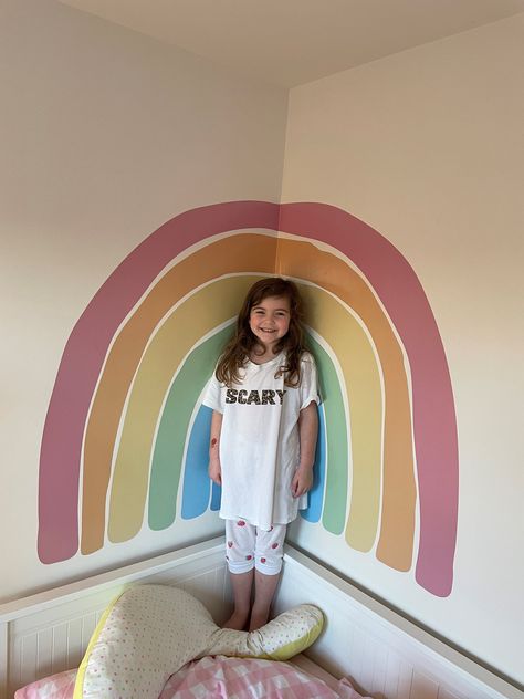 Girls Rainbow Bedroom Ideas, Rainbow Bedroom Ideas Kids, Pastel Rainbow Decor, Wall Sticker Kids Room, Girls Rainbow Bedroom, Watercolor Rainbow Wall, Rainbow Mural, Watercolour Rainbow, Rainbow Bedroom