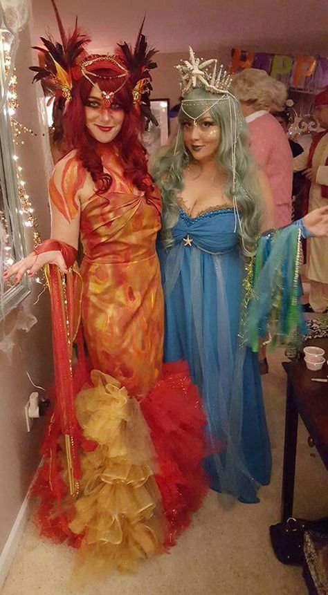 "Fire & Water" Halloween Costumes Water Vs Fire Fairy Outfit, Earth Air Fire Water Halloween Costumes, Fire Witch Costume, Fire And Water Costume, Water Witch Costume, Element Costume Ideas, Fire Boy And Water Girl Costume, Fire Princess Costume, Element Halloween Costume