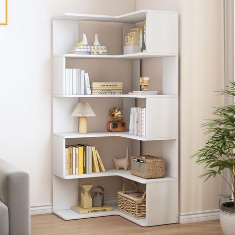 PRICES MAY VARY. STYLE - The staggered design of the shelves makes it more stylish and classy; FEATURES - L-shaped bookshelves fit perfectly in corners, maximize the use of space in a room; STRUCTURE - Floor-standing shelves without legs make for stronger and more stable; SCENES - Study, bedroom, living room, children's room, and office are all perfect scenarios for this shelf; ASSEMBLE - Clear step-by-step instructions make it easy to install this L bookcase. Still struggling with a small space Bookshelf Design For Bedroom, Corner Storage Living Room, L Shaped Bookcase, Book Shelves In Bedroom, Cute Shelves, Bookshelves For Small Spaces, Book Storage Ideas, Freestanding Bookcase, Bedroom Bookshelf