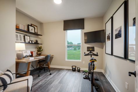 Upstairs Loft Ideas Offices, Office In Utility Room, Utility Guest Room, Utility Gym Room, Multipurpose Gym Room, Small Gym And Office Room Ideas, Library Workout Room, Flex Room Decorating Ideas, Loft Ideas Upstairs Small