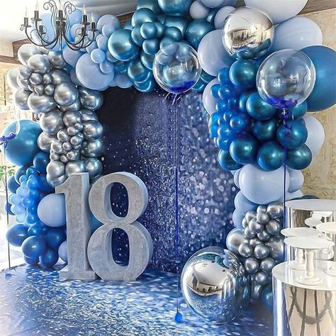 Blue Birthday Themes, Sweet 16 Party Decorations, 18th Birthday Party Themes, 18th Birthday Decorations, Happy Birthday Sign, Blue Birthday Parties, Kraf Diy, Birthday Party Theme Decorations, Birthday Balloon Decorations