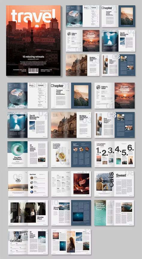 Travel Magazine Template InDesign INDD, IDML. 36 Pages Discover the art of captivating website design with our curated collection! Explore stunning layouts, intuiti Layout Book Design Templates, Magazine Index Page Design, Travel Page Design, Travel Booklet Design Layout, Indesign Travel Magazine, Booklet Layout Design Inspiration, Brochure Designs Layout, Indesign Design Ideas, Travel Magazine Layout Design Templates