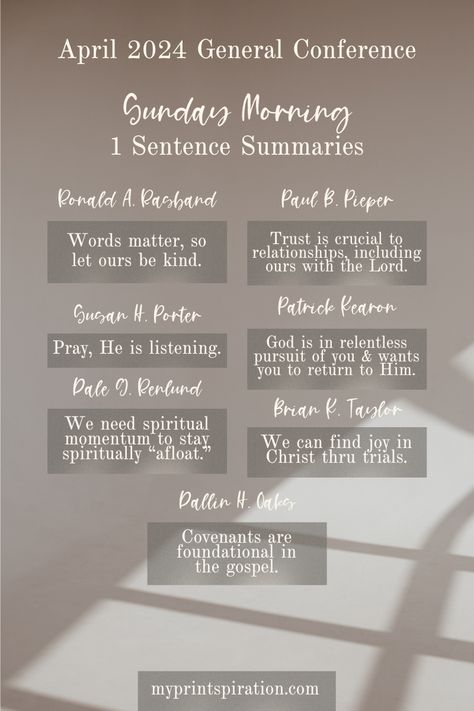 Embrace the wisdom shared during this April 2024 LDS General Conference through concise summaries of each talk. Gain spiritual insights and guidance in a compact and easily digestible format. Free printable and aesthetic graphics shareable to socials! Plus, a breakdown of President Nelson’s talk including all the invitations and promises so you can remember his important words! Lo Sister Conference, Lds General Conference 2024, General Conference 2024, Lds Aesthetic, Aesthetic Graphics, Lds Conference, Lds General Conference, General Conference Quotes, Conference Talks