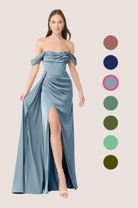 Satin Dresses Bridesmaid Dress, Dusty Blue Bridesmaid Dresses Azazie, Dust Blue Bridesmaid Dress, Dusty Blue Satin Bridesmaid Dresses, Satin Blue Bridesmaid Dresses, Dusty Blue And Black Wedding, Sapphire Bridesmaid Dresses, Luxury Bridesmaid Dresses, Shades Of Blue Bridesmaid Dresses