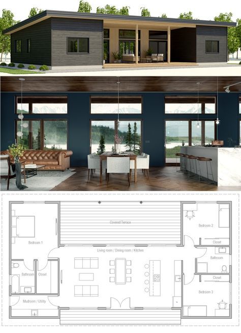 Small House Plan - perfect layout Low House Design, C Shaped Floor Plan, Beach House Bungalow Floor Plans, Small Open Plan House Layout, 20x40 Shed House Plans, Modern House Design Plans Architecture, Open Floor Small House, House Plan 1300 Sq Ft, Open Plan Bungalow Layout