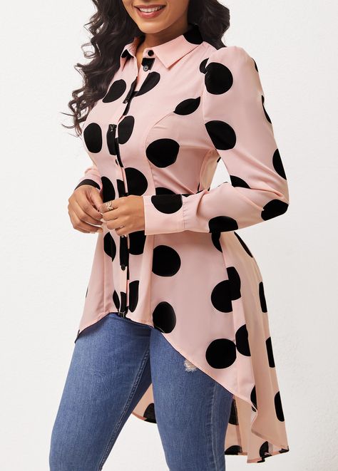 Polka Dot Dip Hem Light Pink Blouse | Rosewe.com - USD $33.87 Chiffon Blouse Designs, Chiffon Tops For Women Trendy, Polka Dot Top Outfit, Trouser And Top For Ladies, Chiffon Top Styles, Long Kameez, Ladies Printed Tops, Chiffon Blouses Designs, Curvy Casual Outfits