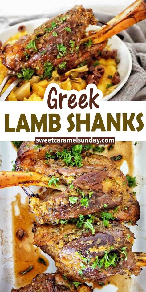 Greek lamb shanks with polenta in white bowl with grey napkin, text is written between 2 images. Lamb Shank Slow Cooker, Greek Lamb Shanks Recipe, Instant Pot Lamb Shanks, Mediterranean Lamb Recipes, Roast Lamb Shank Recipe, Greek Lamb Shanks, Lamb Shanks Oven, Slow Cooker Lamb Shanks, Greek Lamb Recipes