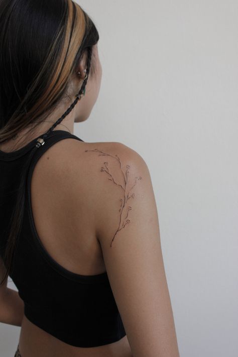 botanical tattoo twig leaves flowers arm tattoo girly abstract tattoos Shoulder Dainty Tattoos For Women, Shoulder Tattoo Inspiration, Shoulder Spine Tattoo, Patchwork Tattoo Ideas Dainty, Fine Line Flower Tattoo Upper Arm, Shoulder Abstract Tattoo, Flowy Shoulder Tattoo, Dainty Flower Shoulder Tattoo, Shoulder Tattoo Placement For Women