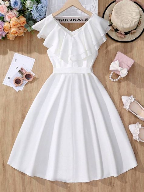Free Returns ✓ Free Shipping✓. SHEIN Teen Girl Ruffle Layer Trim Belted Dress- undefined at SHEIN. Flower Girl Dresses For Teens, Dresses For Girls 10-12, Clothes For Girls 10-12, White Dresses For Teens, Kids Fashion Wear, Girls Party Wear, Teenage Girls Dresses, Teen Girl Dresses