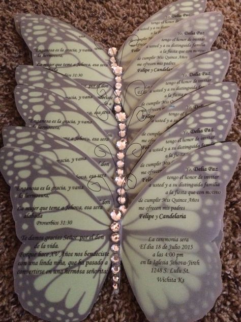 Butterfly invitations ! For a quinceanera Enchanted Forest Quince Invites, Invitation Quinceanera Ideas, Quinceanera Invitations Ideas Butterfly, Fairy Quinceanera Theme Invitations, Quince Invitations Enchanted Forest, Quince Butterfly Invitations, Enchanted Forest Sweet 16 Invitations, Green Butterfly Quinceanera Theme, Quince Invitations Butterfly