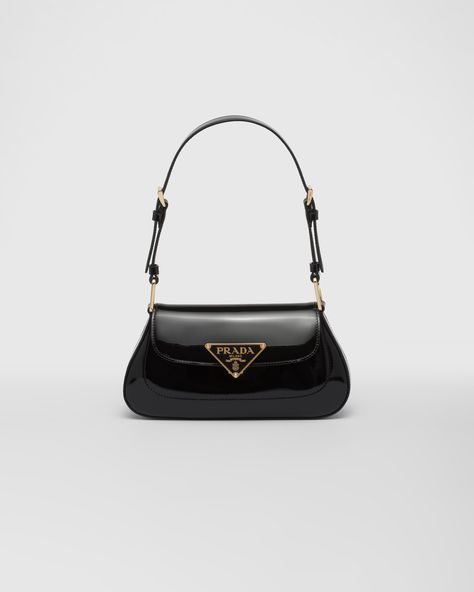 Black Patent Leather Shoulder Bag | PRADA Prada Black Bag, Black Prada Purse, Prada Leather Bag, Prada Purses, White Shoulder Bags, Prada Collection, Bags Designer Fashion, Black Leather Purse, Curved Lines