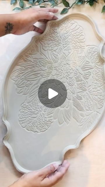 Jaspreet | Handmade Ceramics for everyday on Instagram: "I think this is my largest platter yet!  The wooden form I used is a plaque I found in an art supply store and it works perfectly for a platter shape!   . . . . . . #ceramicvideos #ceramicsmagazine #handbuiltceramics #handmadesg #handmadegiftideas #handmadetableware #handmadeceramics #ceramicsbyjas #potteryvideos #homedecorideas" Hand Shaped Pottery, Surface Decorations, Ceramic Plates Art, Bowl Pedestal, White Textures, Air Clay, Ceramics Design, Ceramic Supplies, Ceramic Platter