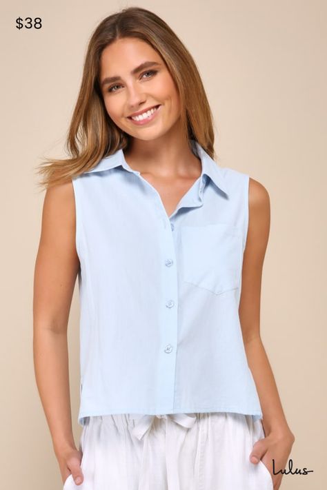 The Lulus Definite Chicness Light Blue Cotton Sleeveless Button-Up Top is the easiest way to stay cool and casual this season! This essential summer piece comes with a lightweight, 100% crinkle-woven cotton construction, that shapes a classic collared neckline and a sleeveless bodice with a relaxed silhouette, a front patch pocket, and a functional button placket along the center. The trendy cropped hem makes this top perfect for styling with all your high-waisted favorites! Fit: This garment fi Bodice, Woven Cotton, Stay Cool, Button Placket, Natural Fabrics, Patch Pocket, Apparel Accessories, Button Up, Light Blue