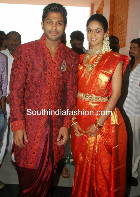 allu arjun sneha reddy wedding reception Allu Arjun And Sneha Reddy, Sneha Reddy, Reception Saree, Sabyasachi Sarees, Beautiful Jewelry Diamonds, Wedding Reception Photography, The Royal Wedding, Wedding Mandap, Engagement Ceremony