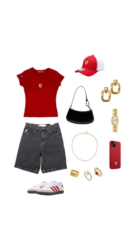 #f1 #ferrari #charlesleclerc #carlossainz #formula1 #f1outfits #outfit F1 Street Style, F1 Paddock Outfit Ideas, F1 Ferrari Outfit, Ferrari Inspired Outfit, F1 Outfit Aesthetic, F1 Outfit For Women Aesthetic, F1 Halloween Costume Women, Ferrari Outfit Aesthetic, Racing Outfit Aesthetic