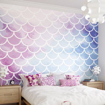 Mermaid Accent Wall, Mermaid Scale Wall, Pink And Purple Girls Room, Mermaid Kids Room, Mystical Sea Creatures, Mermaid Bedroom Decor, Mermaid Diy Crafts, Mermaid Mural, Pink And Purple Bedroom