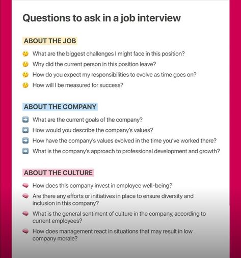 It's also for you to find your ideal job. Don't hesitate to ask questions that are important to you: it's your interview, too. Here are some productive, insightful questions you can ask to get more clarity on your position, the company, and company culture. What's one question that you like to ask in an interview? Journalism Interview Questions, Questions To Ask Job Interview, Things To Ask In An Interview, Impressive Questions You Can Ask Your Interviewer, Interview Salary Question, Questions For Interviewers, Hr Questions For Interview, Technical Interview Questions, What To Bring To A Job Interview