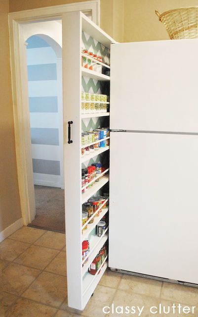 diy hidden storage canned food storage cabinet, storage ideas, urban living, woodworking projects, Pulls out for easy access to canned goods etc Apartment Organization Diy, Peti Sejuk, Food Storage Cabinet, Stackable Shelves, Apartment Needs, Canned Food Storage, Kitchen Ideas Modern Luxury, Kitchen Organization Pantry, Secret Storage