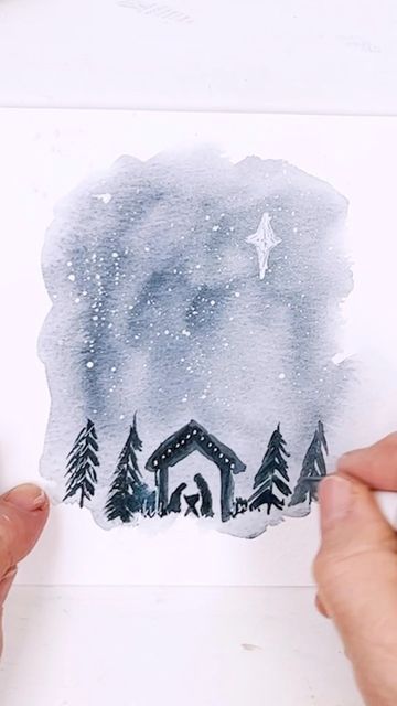 Natal, Simple Nativity Watercolor, Christmas Themed Watercolor Paintings, Christmas Star Watercolor, Christmas Watercolor Nativity, Nativity Watercolor Cards, Easy Water Colour Christmas Cards, Watercolor Christian Christmas Cards, Watercolor Nativity Christmas Cards