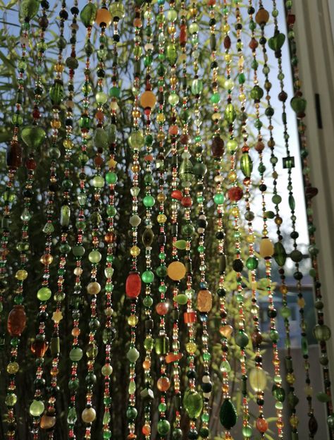 Green Beaded Curtain, Green Bead Curtain, Beaded Curtains Diy, Beaded Curtains Doorway, Beaded Door Curtains, Bead Curtain, Homemade Curtains, String Curtains, Hanging Beads