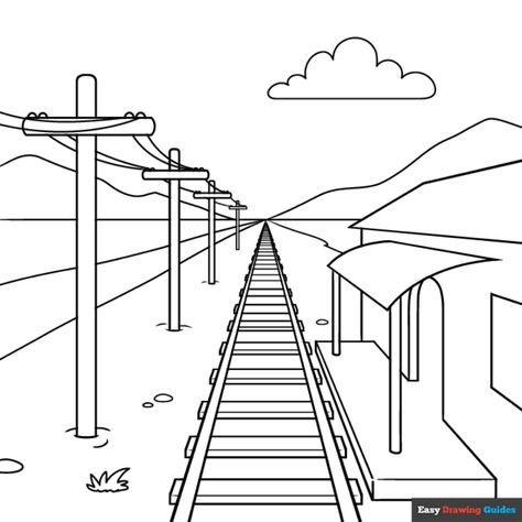 Free Easy Train Track in One Point Perspective Coloring Page for Kids Perspective Drawings Easy, Train Drawing Kids, Perspective Pictures, Beach Coloring Pages, Easy Drawing Guides, Train Drawing, Drawing Guides, One Point Perspective, Kids Print