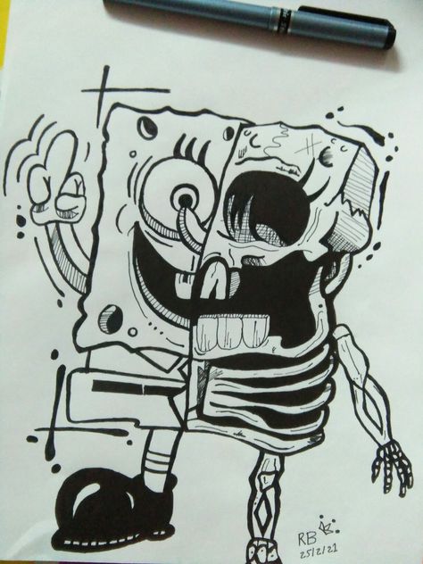 Spongebob Horror Art, Sketches Of Spongebob, Scary Spongebob Drawing, Drawing Ideas Spongebob, Spongebob Sketches, Spongebob Sketch, Spongebob Black And White, Scary Cartoon Characters, Spongebob Squarepants Drawing