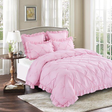 The HIG 5 Pieces Bedding Set provides a supremely soft feel and a luxurious layer of breathable warmth! This light weight of the farmhouse comforter set makes it a great choice for year-round use, from one season to the next.Pinch-pleat detailing brings both visual and textural appeal. The Luxurious Bad in a bag is made of 100% polyester, it has 1 comforter, 2 pillow shams, 2 euro shams. For better appearance and service life, dry clean is highly recommended. Size: King.  Color: Pink. Pintuck Comforter, Pink Comforter, Colorful Comforter, Bed In A Bag, King Comforter Sets, Down Comforter, Queen Comforter Sets, Euro Shams, Queen Comforter