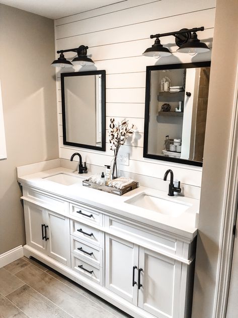 shiplap – Happily Ever Asquith Bathrooms With White Countertops, Bathroom Shower Black Frame, Decorative Floor Tile Bathroom, Subway Tiled Bathrooms, Modern Farmhouse Bathroom Remodel, Bathroom Light Switch, حوض الحمام, Makeover Kamar Mandi, Farmhouse Bathroom Remodel