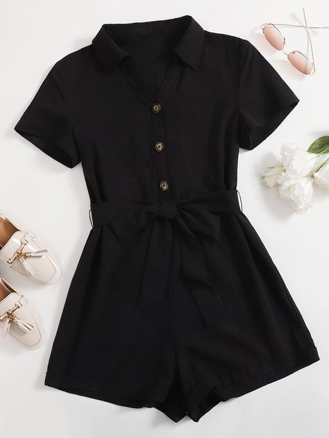 Black Casual  Short Sleeve Cotton Plain Shirt Embellished Non-Stretch Summer Women Jumpsuits & Bodysuits Moda Shein, Belted Romper, Romper Outfit, Teenage Fashion Outfits, Teen Fashion Outfits, Fashion Teenage, Cute Casual Outfits, Outfits For Teens, Everyday Outfits