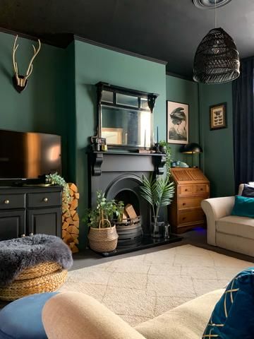 Two Tone Blue Walls, Light Colored Living Room Ideas, Green Living Room Paint, Farrow And Ball Living Room, Green Walls Living Room, Dark Green Living Room, Den Room, Green Living Room Decor, Green Lounge