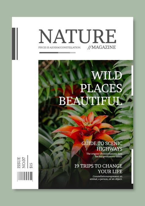 Minimalist Nature Places Magazine Cover Nature, Beautiful Magazine Covers, Front Page Magazine Design, Magazine Front Cover Design Ideas, Nature Magazine Cover Design, Magazine Cover Nature, Book Cover Layout Design, Nature Magazine Layout, Nature Book Cover Design