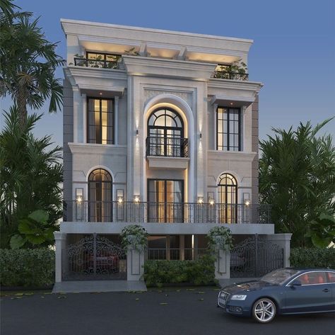 Front Elevation Molding Design, Classical Front Elevation Design, Classic Hotel Design Exterior, Classical Residence Elevation, Classical House Elevation, Neoclassical Facade, Classic Villa Exterior Design, Modern Classic Architecture, Classical House Design