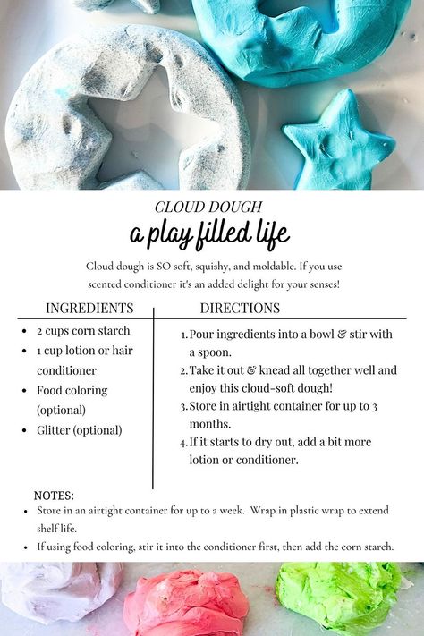 printables | A Play Filled Life Cloud Dough Recipe, Cloud Dough Recipes, Cloud Activities, How To Make Clouds, Babysitting Activities, School Holiday Activities, Big Energy, Cloud Dough, Diy Clouds