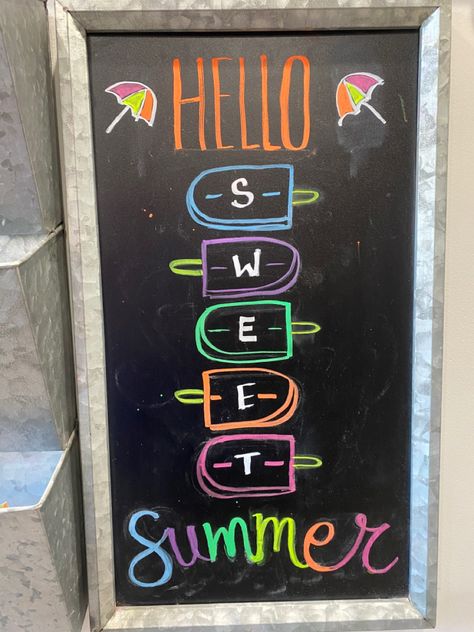 Welcome Chalkboard Ideas, Patio Chalkboard Signs, May Blackboard Ideas, Summer Dry Erase Board Art, June Dry Erase Board Ideas, Popsicle Chalkboard Art, Summer Restaurant Chalkboard, Neon Chalkboard Art, Decorative Chalkboard Ideas