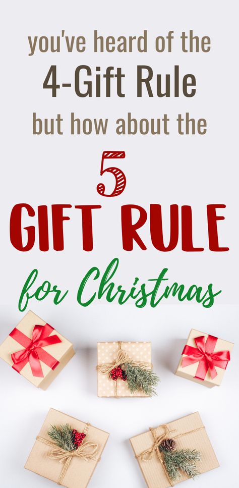 Want to simplify your Christmas traditions?  Follow the 5 gift rule for kids.  Something you want, need, wear, read, and someplace to be.  Add on the experience and make this Christmas easier on your budget.  Save money and teach children the meaning of Christmas and gratitude this holiday season. 5 Things For Christmas List, Christmas Need Want Wear Read, Need Want Christmas List, Something To Read Christmas Ideas, Christmas Gift Need Want Read, Christmas List Something You Want Need, 5 Rules For Christmas Gifts, Christmas Gift 5 Things, 5 Things Christmas List