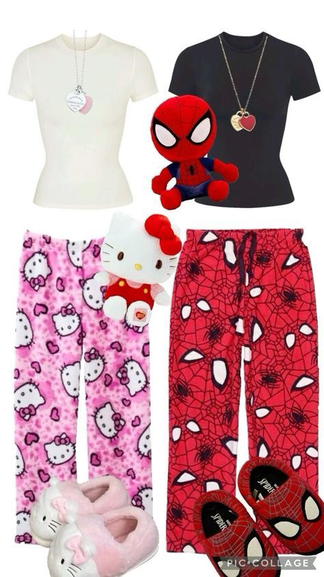 Bff Matching Pjs, Matching Bsf Outfit, Hello Kitty Outfits Y2k, 4 Matching Outfits, Bsf Matching Outfits, Matching Outfits For Besties, Black And Red Outfits, Spiderman Pyjamas, Hello Kitty Outfits