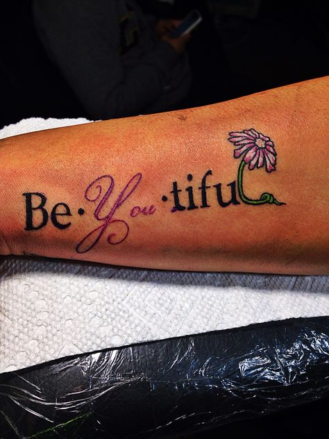 Be • You • tiful Be You Tiful Tattoo, Mom Tattoo Quotes, Word Tattoo Designs, Tattoo Therapy, African Tattoo, Word Tattoo, Self Love Tattoo, Arm Tats, Quote Tattoo