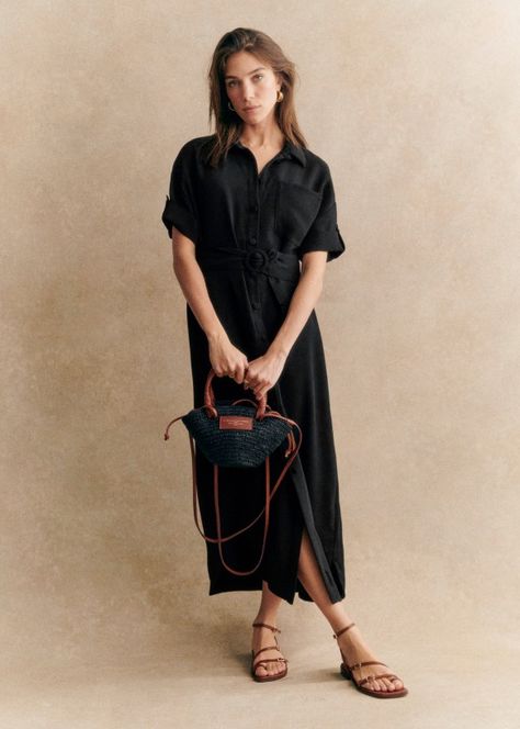 Sezane Clothing, Navy Blue Dress Outfit, Shirtdress Outfit, Black Maxi Dress Outfit, Dora Dress, Long Sleeve Black Maxi Dress, Dress Tile, White Sneaker Outfit, Blue Dress Outfits